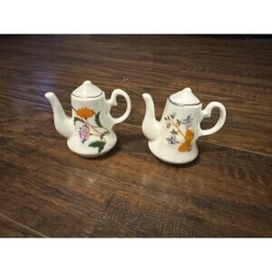 White Teapot Flower Bone China Salt and Pepper Shakers 1982